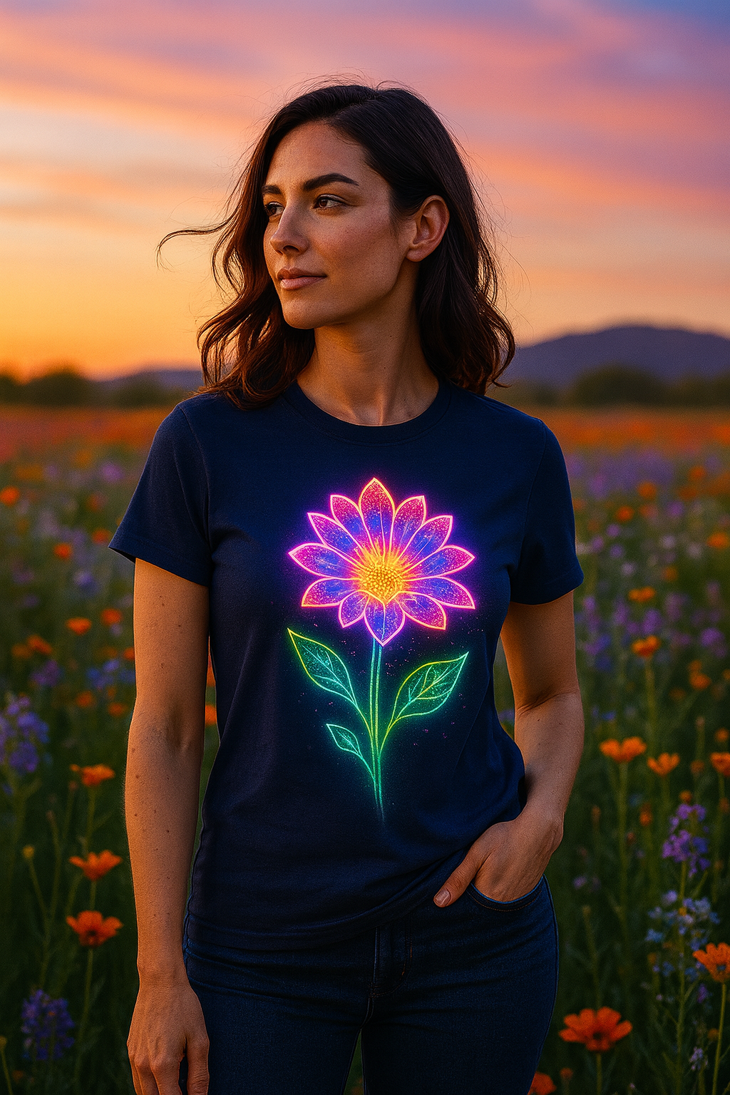 Floral Frenzy: Bold Blooms on Navy Tees